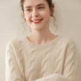 100% Cashmere Cable Knit Crew Neck Relaxed Fit Pullover Sweater with Ribbed Cuffs