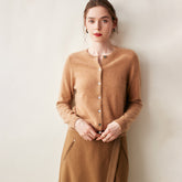 100% Cashmere Crew Neck Button Front Cardigan Fine Knit Ribbed Hem Sweater