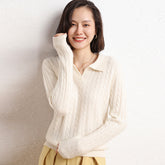 Women’s Soft 100% Cashmere Cable Knit Polo Collar Sweater Lightweight Pullover Top