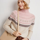 Women’s Soft 100% Cashmere Cable Knit Fair Isle Pattern Turtleneck Sweater
