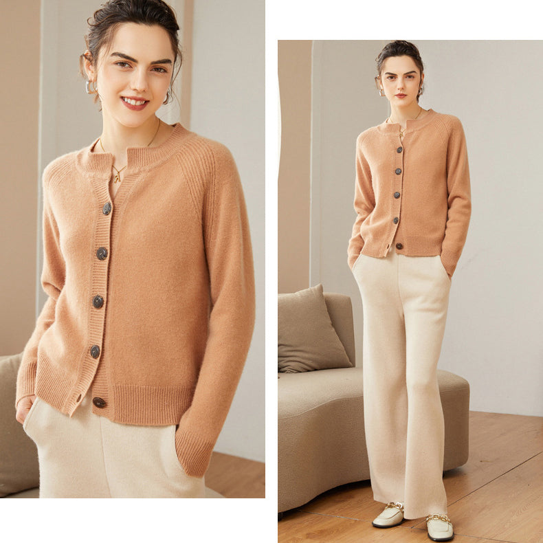 Women's 100% Pure Cashmere Cardigan Button Front Long Sleeve Crew Neck Warm Cashmere Cardigan
