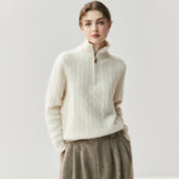 100% Cashmere Half-Zip Turtleneck Sweater Ribbed Knit Pullover with High Collar