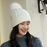 100% Cashmere Stretchy Cable Knit Beanie with Real Fur Pom Ski Hat