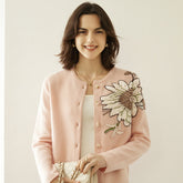Cardigan maglione lavorato a maglia ricamato con bottoni floreali a girocollo