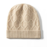 Patrón de punto geométrico de cachemir puro con gorro de dobladillo acanalado