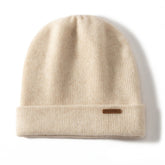 100% Cashmere Ribbed Knitted Beanie Cuffed Hat with Logo Patch