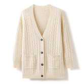Cappotto ampio con scollo a V Cardigan in maglia a trecce 100% cashmere con bottone
