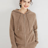 Maglione con zip lavorato a maglia Cardigan in 100% cashmere con cappuccio con coulisse