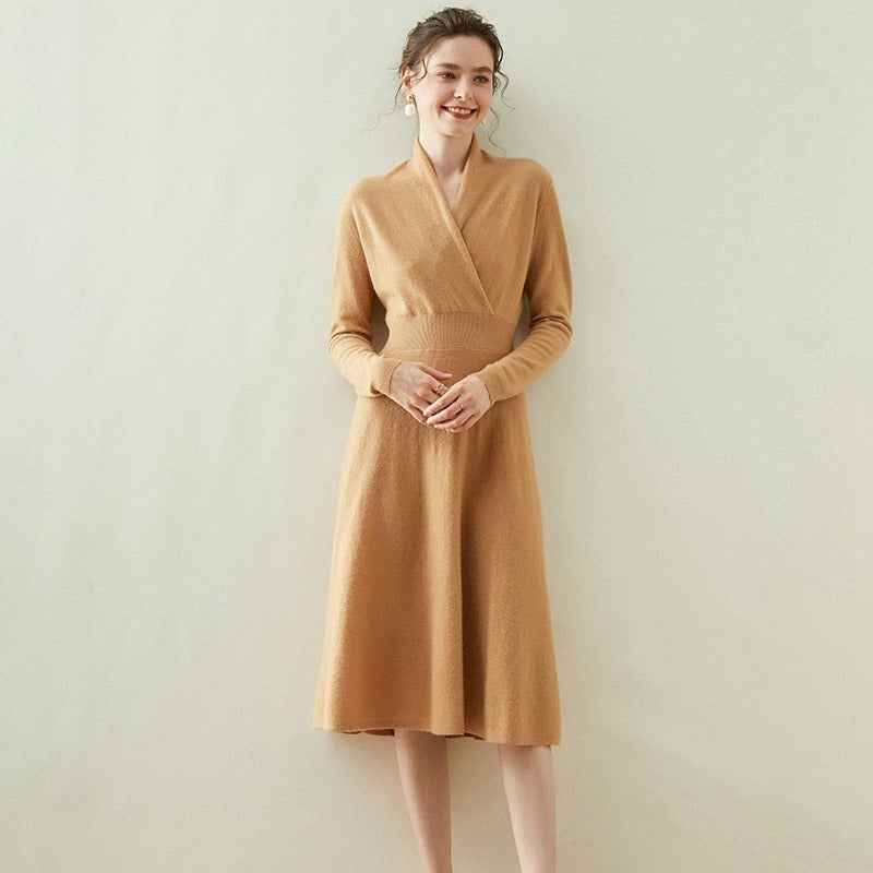 V-neck Midi A-line Cashmere Wrap-up Crossover Waist-length Dress Cashmere Life V-neck Midi A-line Cashmere Wrap-up Crossover Waist-length Dress Cashmere Life