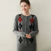 Women's Crew Neck Argyle Knit Top Vintage Style Cashmere Cardigan Sweater