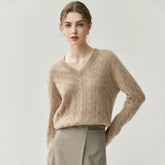 V-Neck Soft Relaxed Fit Pullover Jumper Cable Knit Cashmere Sweater