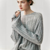 Luxury Cashmere Silk Cable Knit Oversized Crew Neck Pullover Sweater