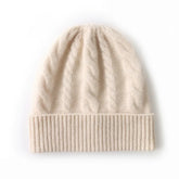 Warm Ribbed Classic Cable-Knit Pure Cashmere Beanie Hat