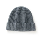 Chunky Ribbed 100% Cashmere Beanie Hat Fold Over Knitted Cap