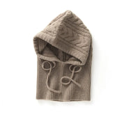 Windproof Cable-Knit Pure Cashmere Ribbed Hood with Drawstrings