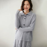 Cashmere Ribbed Knitwear Lapel Button-Up Collared Cardigan Top
