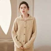 Cardigan in maglia di cashmere a trecce, polo, colletto con risvolto, maglione abbottonato