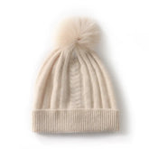 100% Cashmere Ribbed Chunky Knit Beanie with Pom-Pom for Women