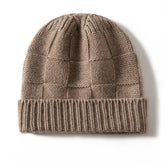 Ribbed 100% Cashmere Checkerboard Knit Cuffed Beanie