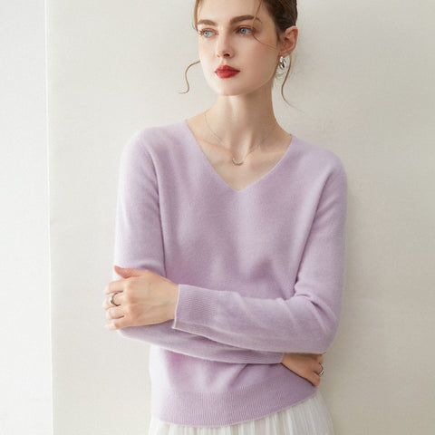 Women’s 100% Cashmere Soft Minimalist V-Neck Knit Pullover Sweater