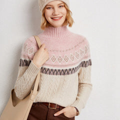Women’s Soft 100% Cashmere Cable Knit Fair Isle Pattern Turtleneck Sweater