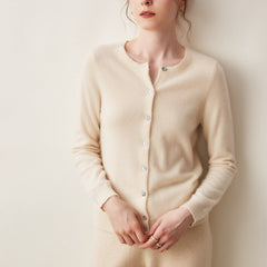 100% Cashmere Crew Neck Button Front Cardigan Fine Knit Ribbed Hem Sweater