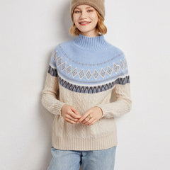 Women’s Soft 100% Cashmere Cable Knit Fair Isle Pattern Turtleneck Sweater