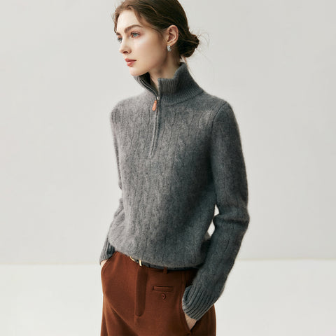 100% Cashmere Half-Zip Turtleneck Sweater Ribbed Knit Pullover with High Collar