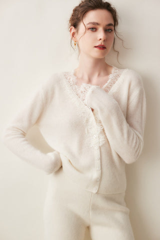 100% Cashmere Lace Trim V-Neck Button Front Cardigan Soft Knit Sweater Top