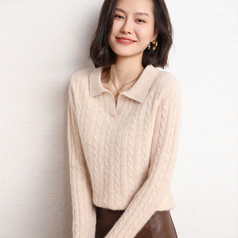 Women’s Soft 100% Cashmere Cable Knit Polo Collar Sweater Lightweight Pullover Top