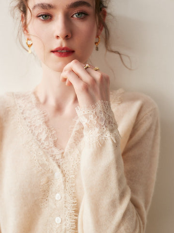 100% Cashmere Lace Trim V-Neck Button Front Cardigan Soft Knit Sweater Top