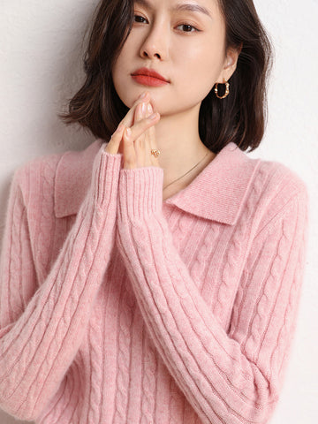 Women’s Soft 100% Cashmere Cable Knit Polo Collar Sweater Lightweight Pullover Top