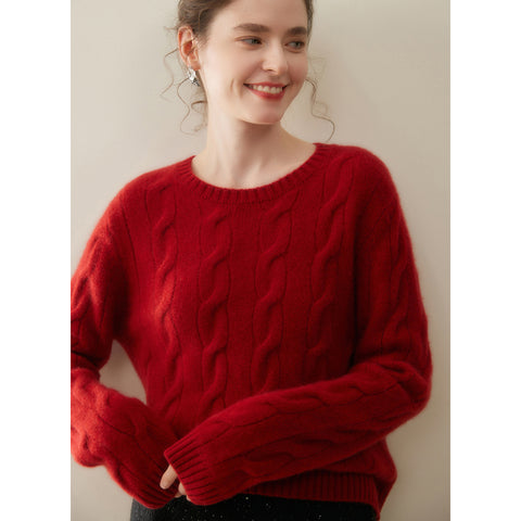 100% Cashmere Cable Knit Crew Neck Relaxed Fit Pullover Sweater with Ribbed Cuffs