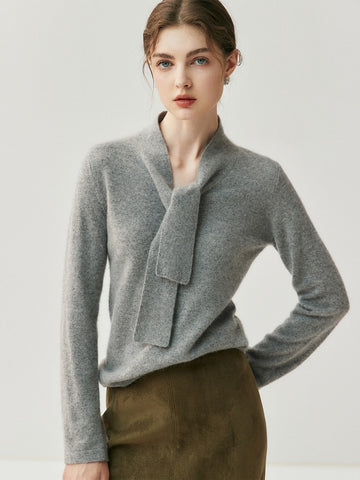 Elegant Soft Knit Women’s Cashmere Tie Neck Pullover Sweater