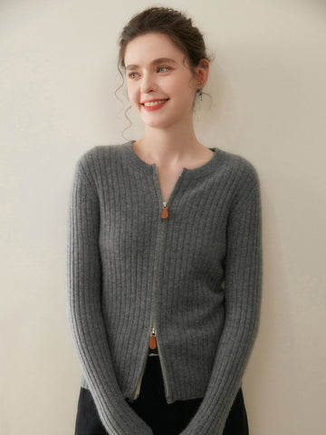 Women’s Cashmere Slim Fit Round Neck Knit Top Ribbed Zip Cardigan Sweater