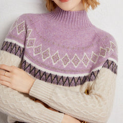 Women’s Soft 100% Cashmere Cable Knit Fair Isle Pattern Turtleneck Sweater