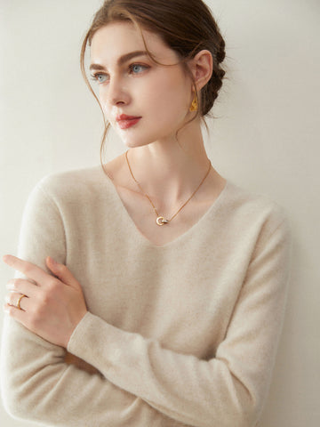 Women’s 100% Cashmere Soft Minimalist V-Neck Knit Pullover Sweater