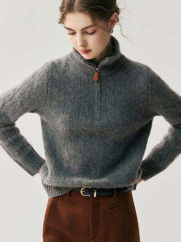 100% Cashmere Half-Zip Turtleneck Sweater Ribbed Knit Pullover with High Collar