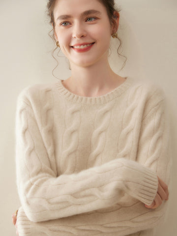 100% Cashmere Cable Knit Crew Neck Relaxed Fit Pullover Sweater with Ribbed Cuffs