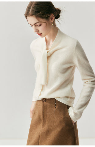 Elegant Soft Knit Women’s Cashmere Tie Neck Pullover Sweater