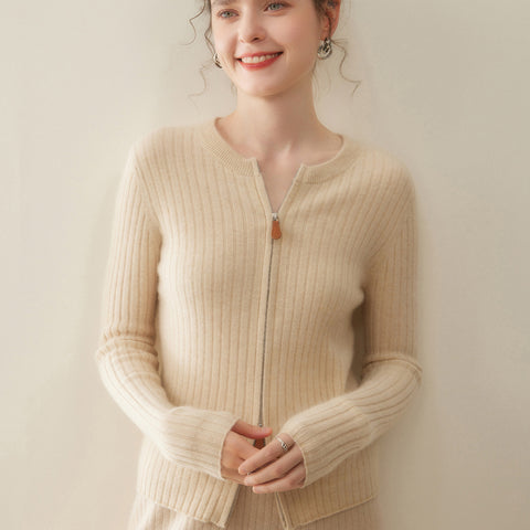 Women’s Cashmere Slim Fit Round Neck Knit Top Ribbed Zip Cardigan Sweater