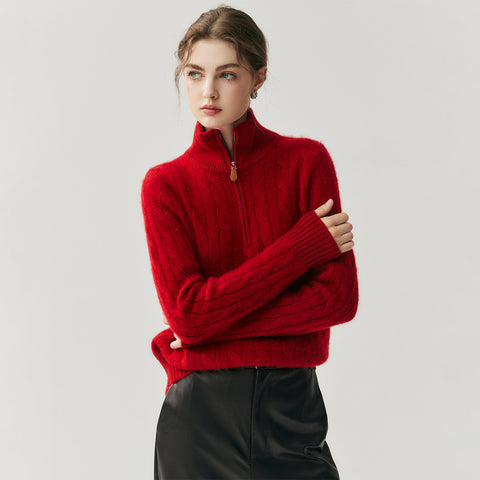 100% Cashmere Half-Zip Turtleneck Sweater Ribbed Knit Pullover with High Collar