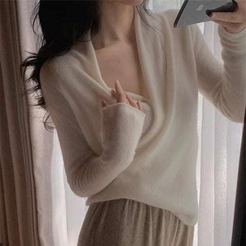 Women’s Cashmere Wool Wrap V-Neck Knit Fitted Waist Sweater