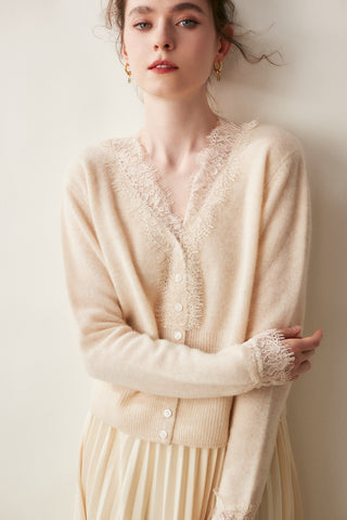 100% Cashmere Lace Trim V-Neck Button Front Cardigan Soft Knit Sweater Top