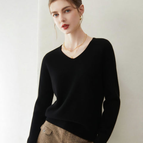 Women’s 100% Cashmere Soft Minimalist V-Neck Knit Pullover Sweater