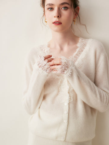 100% Cashmere Lace Trim V-Neck Button Front Cardigan Soft Knit Sweater Top