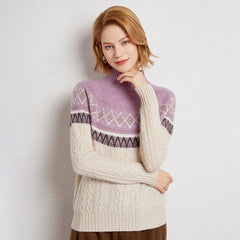 Women’s Soft 100% Cashmere Cable Knit Fair Isle Pattern Turtleneck Sweater