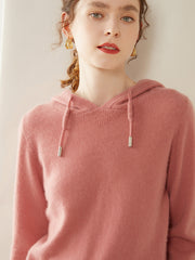 Women’s 100% Cashmere Knit Fit Pullover Sweater Knit Hoodie with Drawstring