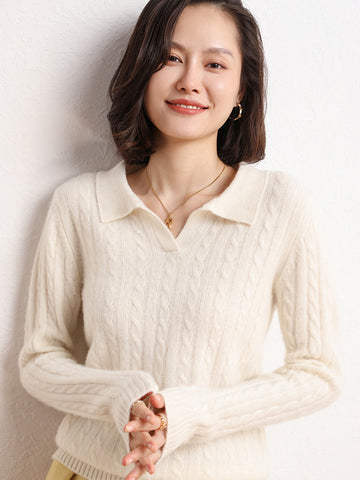 Women’s Soft 100% Cashmere Cable Knit Polo Collar Sweater Lightweight Pullover Top