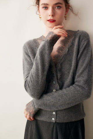 100% Cashmere Lace Trim V-Neck Button Front Cardigan Soft Knit Sweater Top
